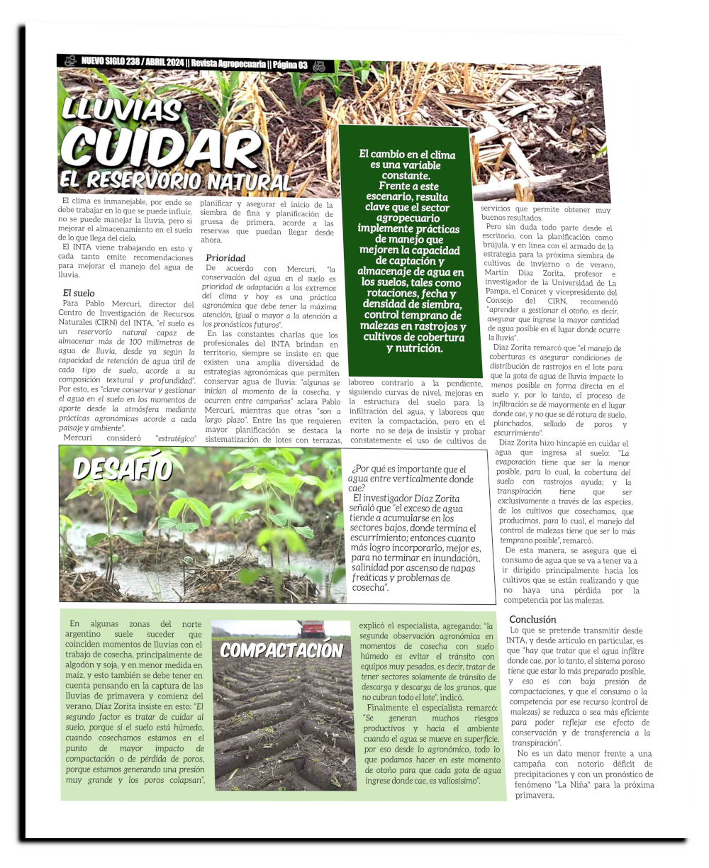 Cuidar el suelo como reservorio de agua, Revista Agropecuaria Nuevo Siglo.